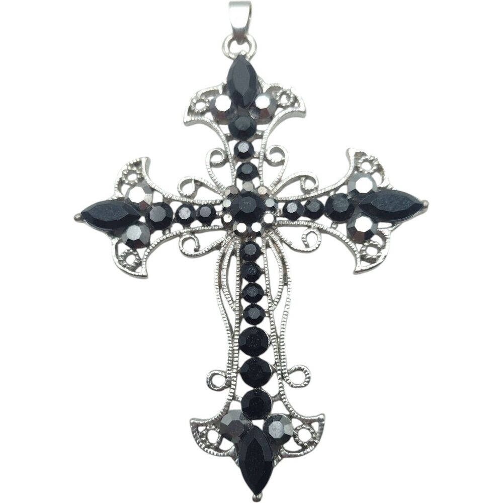 Vintage 18k Gold Plated Silver Tone Gothic Cross Pendant Black Crystal 3.25"